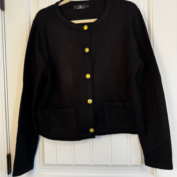 Sweaters - Black Crewneck Button Cardigan Sweater with Gold Buttons